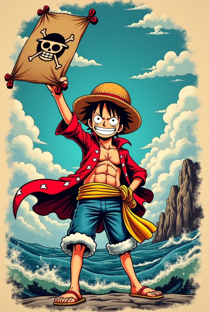 Luffy holding his wanted poster in tattoo style
