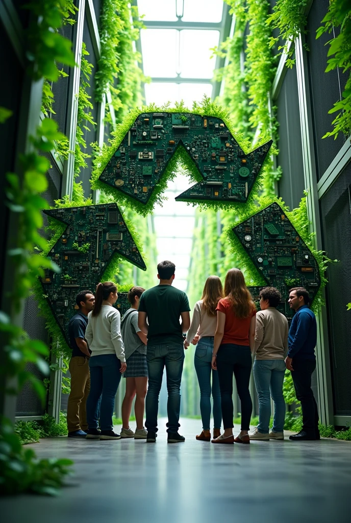 1. Uma imagem de um data center eco-friendly com plantas ao redor.
2. A recycling icon with electronic components.
3. A diverse and multicultural IT team assembled.