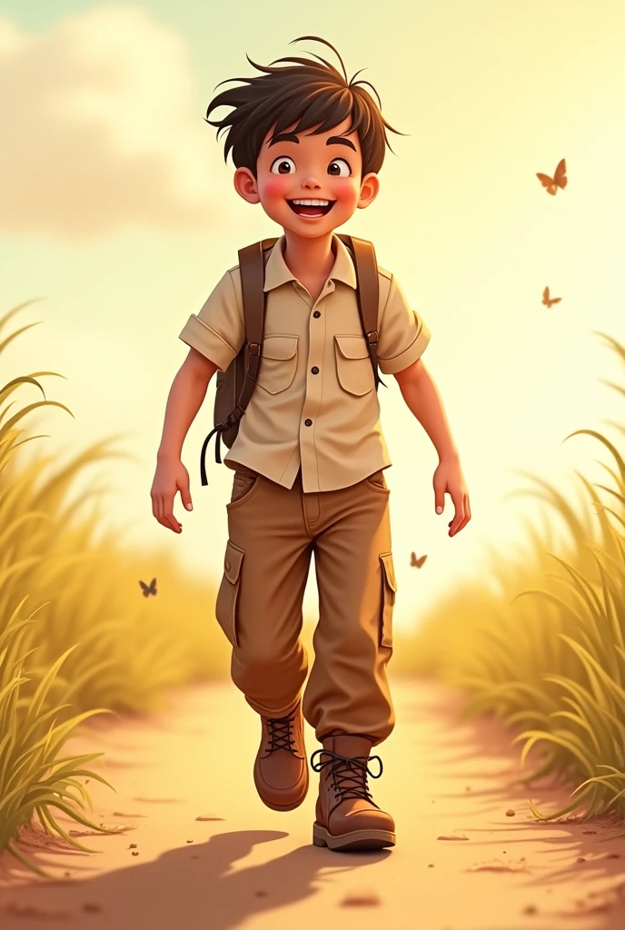 Please draw me the outlines of the complete walking sequence in Frontal Perspective, of a walking, where there is a direct view, no tilts or angles. It's as if we are looking face to face, without deviating to the sides, the child must be wearing long safari pants, boots and short-sleeved shirt, similar to this image.