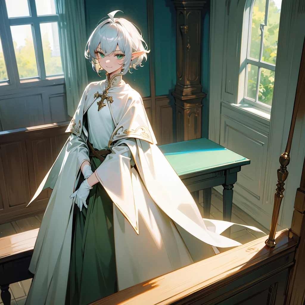 Elf, silver hair,short hair, medium cut, ahoge, curly hair,green eyes,slender, fair skin, robe, cloak,White gloves, sitting, arms crossed, cross-legged, fantasy, inside, in the room, with a window, with a desk, with a table, with a bookshelf, slender, cool Smile