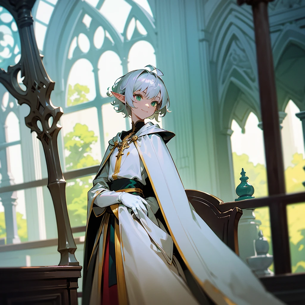 Elf, silver hair,short hair, medium cut, ahoge, curly hair,green eyes,slender, fair skin, robe, cloak,White gloves, sitting, arms crossed, cross-legged, fantasy, inside, in the room, with a window, with a desk, with a table, with a bookshelf, slender, cool Smile