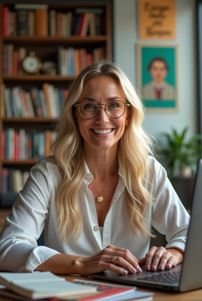 masterpiece, best quality, an online English teacher in her 40s. She's white and has long blond hair, brown eyes, golden round glasses. She's got a big smile and is wearing a white women's blouse. She's average weight and is in her office in front of a computer.
