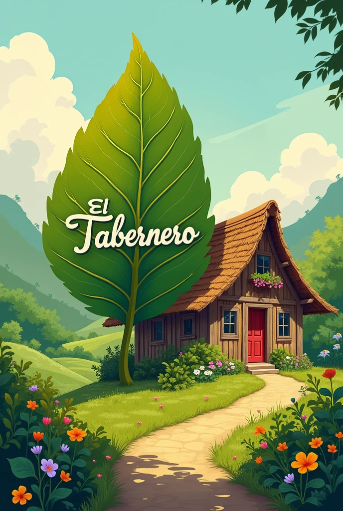Draw a leaf with the name 'El Tabernero' at the top and a rustic house in the background without a leaf in the front.