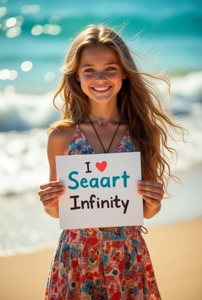 Beautiful girl with wavy long hair, bohemian dress, holding a white board with text "I Love Seaart Infinity" and showing it to the viewer