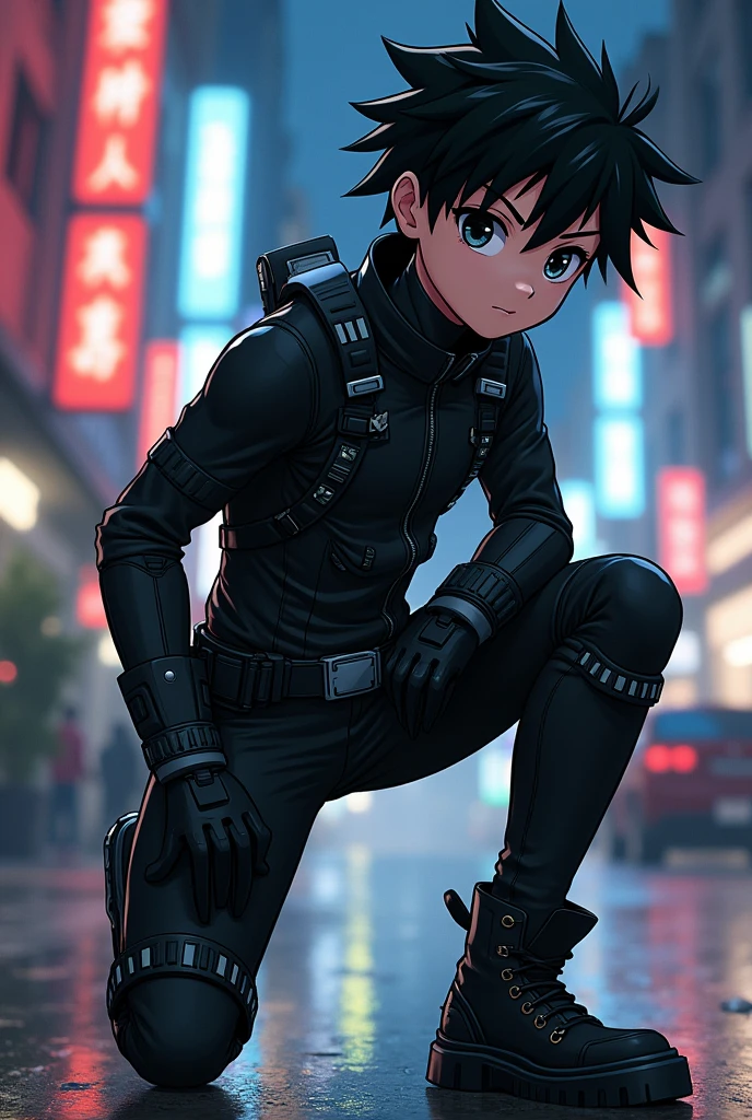 Make me a superhero similar to Robin whose suit is military-style with a jacket and is all black, have anifaz in anime version