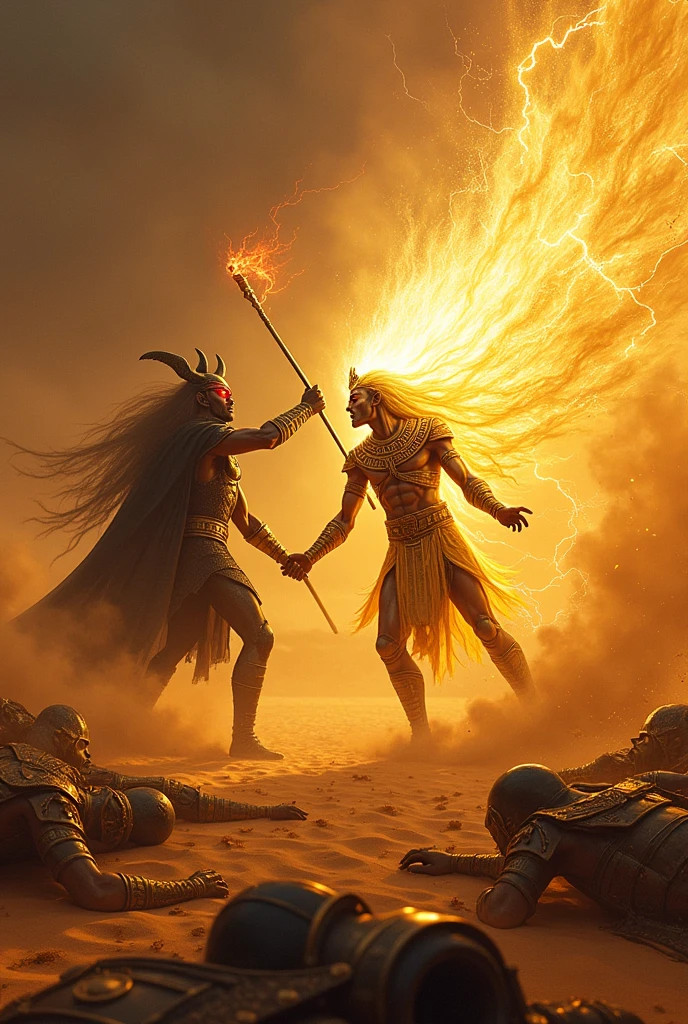 Evil Egyptian god and other Egyptian god fighting eachother on Sandy battlefield and dead bodies of the Egyptian army are lying scattered