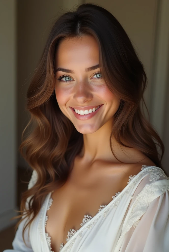 Beautiful brunette, who wears a belle robe (22 ans, visage innocent, naturally wavy hair, blue eye), ((Selfie on the skin du corps, a happy one)), head of':artwork, best quality, ultra-detail. Ultra realized