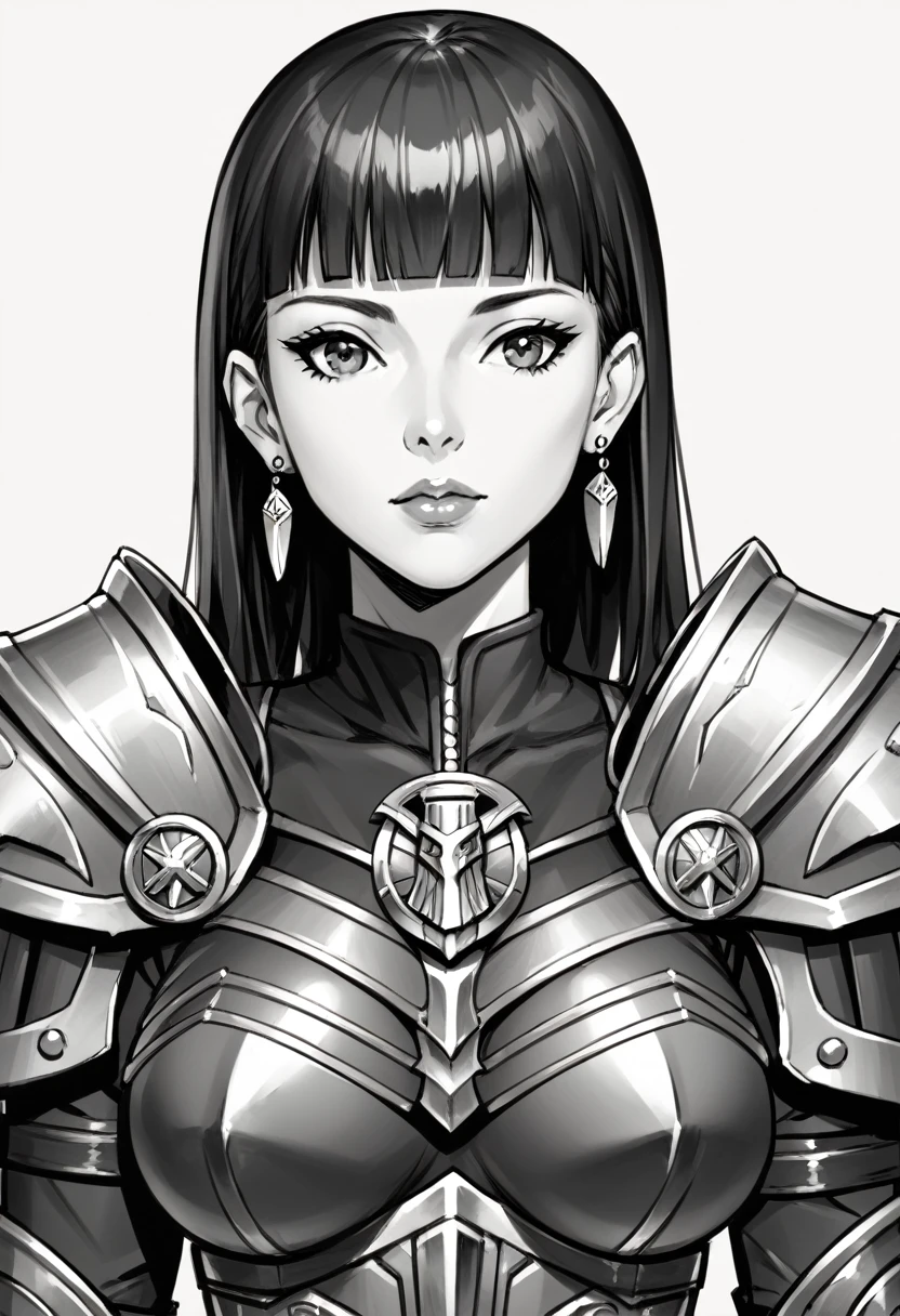 score_9, score_8_up, score_7_up, 1girl, masterpiece, best quality, high quality, detailed clothes, detailed, monochrome, sketch, abundant detailed hatching shading, sketch, monochrome, large breasts, white background, earrings, knights armor, straight hair, blunt bangs,
