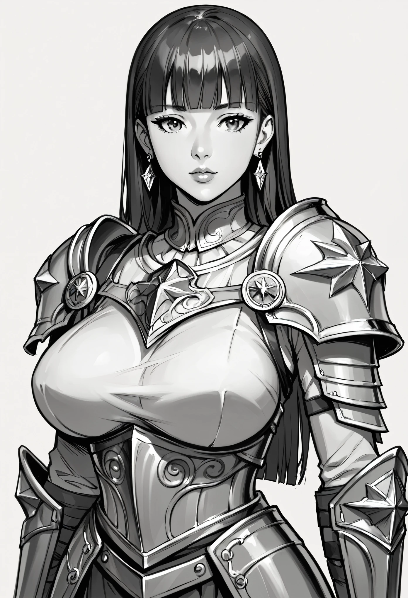 score_9, score_8_up, score_7_up, 1girl, masterpiece, best quality, high quality, detailed clothes, detailed, monochrome, sketch, abundant detailed hatching shading, sketch, monochrome, large breasts, white background, earrings, knights armor, straight hair, blunt bangs,