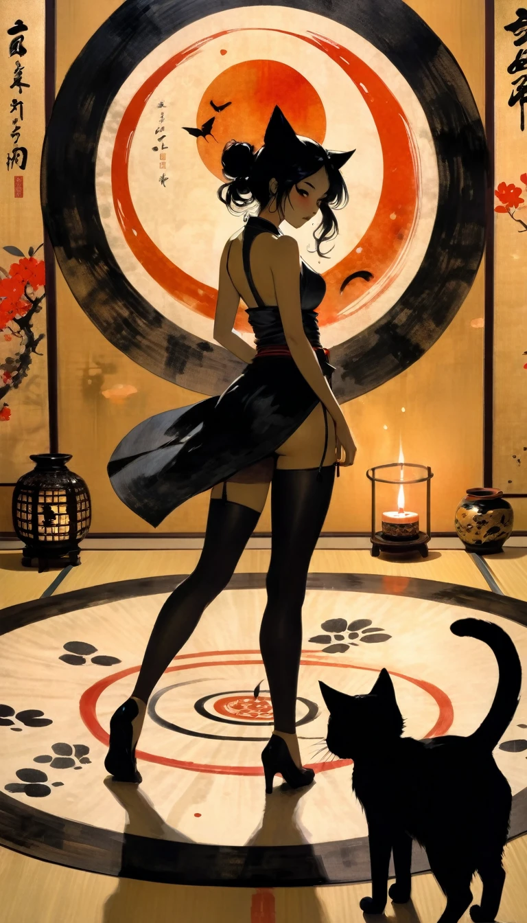 1 sexy girl, a strange black silhouette appears in the magic circle, a sexy girl uses a giant paintbrush to draw a magic circle with ink, writing calligraphy on a large piece of Japanese paper arranged on the ground, a cat walking and leaving marks of black paws on washi paper, dim light, candles placed in the room, inside a Japanese style room, art inspired by Bill Sienkiewicz
