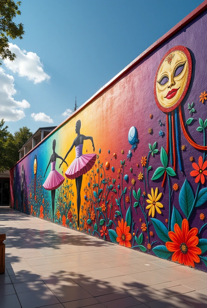make me a drawing for a mural on a long wall, that talks about art in general, meaning fine arts (mainly) music, theater, dance, folklore
