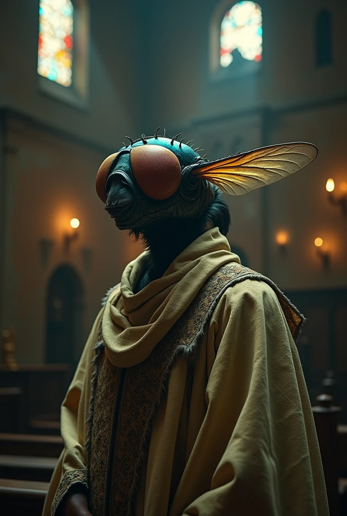 man with a fly face in a church
