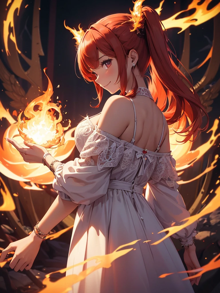 (((best quality, sharp image, clear image, cinematic lighting, 8k resolution, masterpiece, ultra detailed, intricate))) Girl, (((looking over left shoulder))), (shot from behind), ((shot from hip up)), fiery red hair, pigtails, ((white dress)), ((flaming sigils, flaming runes)), spiky rock formations, (flaming lotus flowers frame), (intricate background), ((Phoenix)), (swirling flames), smiling