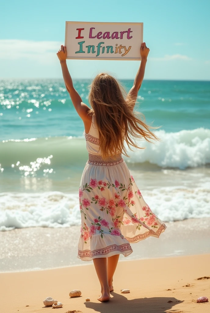 Beautiful girl with wavy long hair, bohemian dress, holding a white board with text "I Love Seaart Infinity" and showing it to the viewer