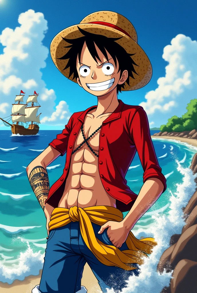 Luffy holding his tattoo-style wanted poster on his forearm 
