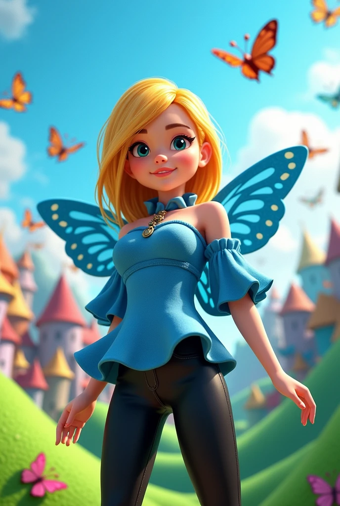 One from Roblox with blonde hair with a blue butterfly blouse and black pants