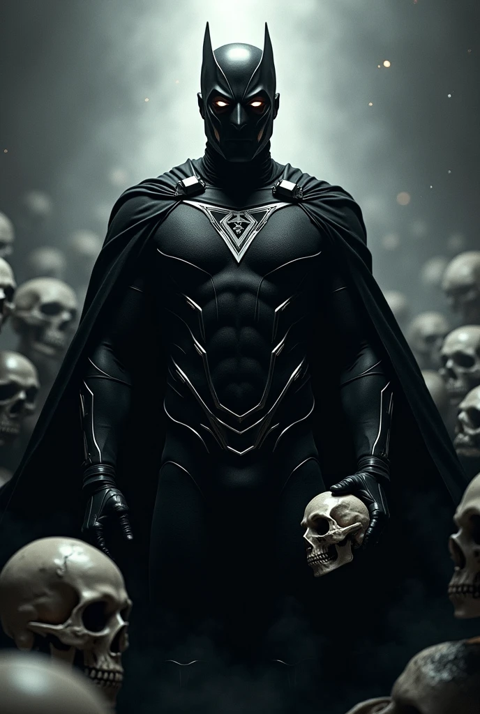 1man, white man, black superhero half mask, glowing upside down triangle, black tech suit with silver accents, black cape, black boots, holding a skull, skulls background