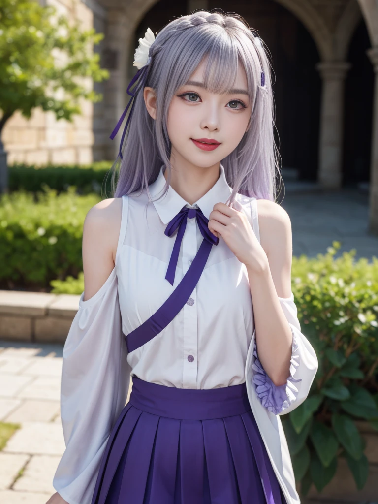 Highest quality、High resolution、Ultra-detailed、8k, Emilia、Emilia Masterpiece、Highest quality, In the castle courtyard, Bans, Clothes are white, 長いsleevemouth, just_shoulder, dull_前hair, Blurred, Blurred_background, Blurred_prospect, blush, Braid, chestout, chestの谷間, Closed_mouth, cloud, crown_Braiding, Tag, depth_In_Field, independent_sleeve, dress, Emilia_\(Again:Stay Night\), eyebrows_appear_Through_hair, flower柄, Precious stones, hair_flower, hair_Decorations have been removed, hair_ribbon, lens_Flare, length_hair, look up_in_Audience, low_length_hair, Moderate_chest, One_eye_Closed, Plein Air, Pleats_skirt, Spiky_ear, purple_eye, purple_ribbon, ribbon, Silver_hair, skirtの, null, Laughter, solo, very_length_hair, white_flower