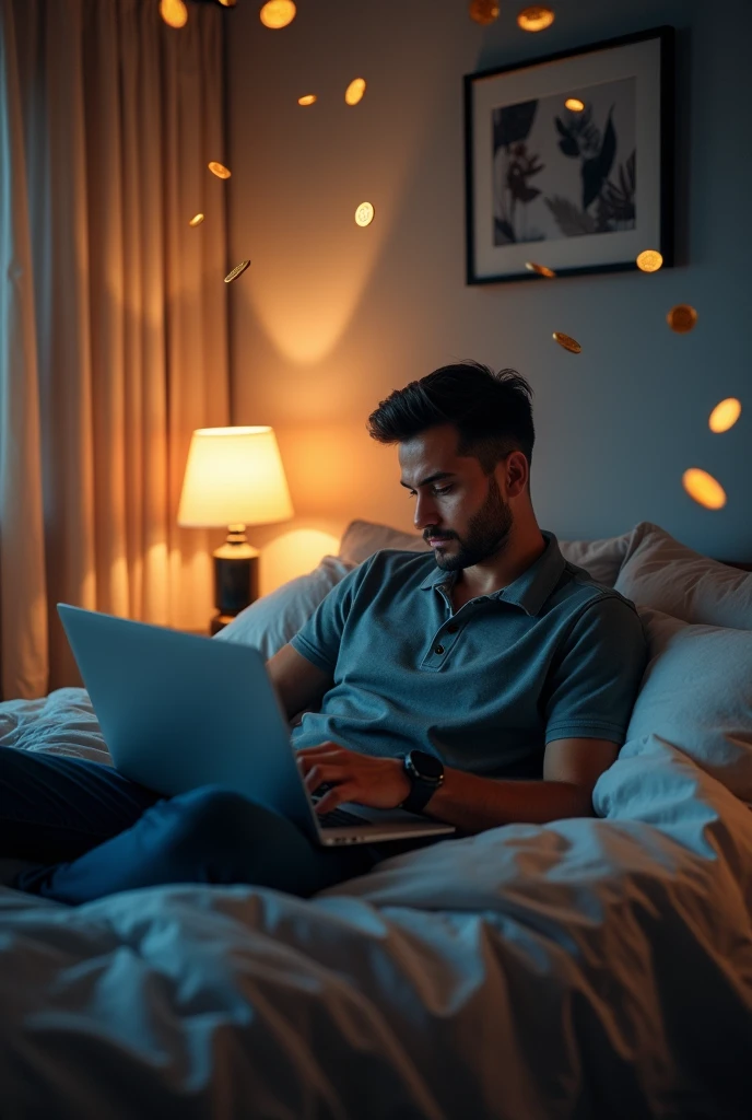 A man sitting in a modern bedroom looking at his laptop, trading cryptocurrencies, with a shower of cryptocurrencies visible.
