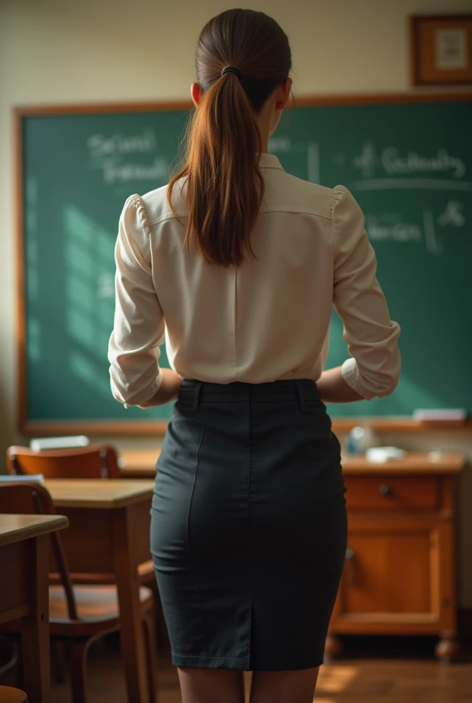 Back view of a teacher writing on a chalkboard. Classroom setting. Professional attire: skirt and blouse. Confident posture, slightly leaning forward. Soft lighting highlights the academic atmosphere. Focus on her dedication, authority, and presence."