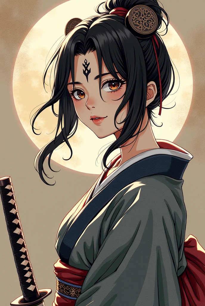 Ink painting, (((1 girl))), (((Tattoo in the middle of the forehead))),(((In the background is the Akatsuki moon))), (((Oiran))), (((Great hair accessories))), Japanese style headphones, Demon possession, (((Highest quality, 8K, high-definition masterpiece)))Japanese samurai, 1. Male, Edo period girl's courtesy, Musashi Miyamoto, master of dual wielding, holding the sword grip, anime art, (((Blade length is about 80cm, the hilt is short, Approximately 20cm, the sword has a round tsuba)))Official art, detailed CG