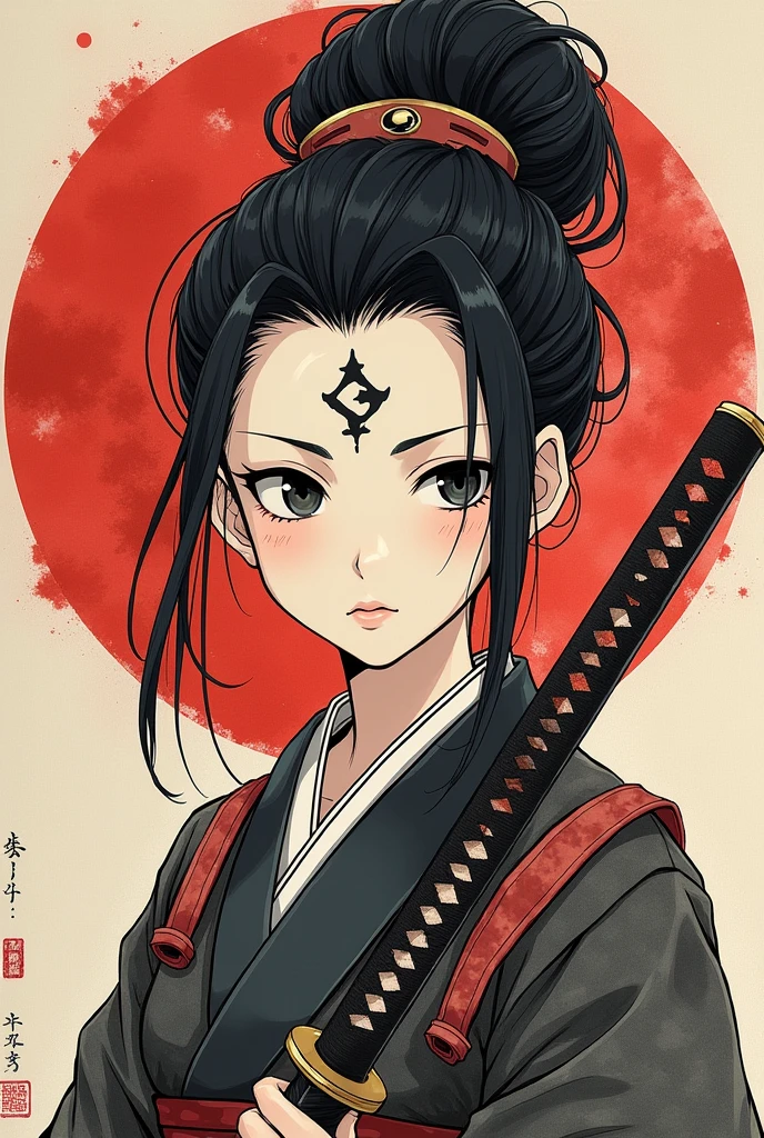 Ink painting, (((1 girl))), (((Tattoo in the middle of the forehead))),(((In the background is the Akatsuki moon))), (((Oiran))), (((Great hair accessories))), Japanese style headphones, Demon possession, (((Highest quality, 8K, high-definition masterpiece)))Japanese samurai, 1. Male, Edo period girl's courtesy, Musashi Miyamoto, master of dual wielding, holding the sword grip, anime art, (((Blade length is about 80cm, the hilt is short, Approximately 20cm, the sword has a round tsuba)))Official art, detailed CG