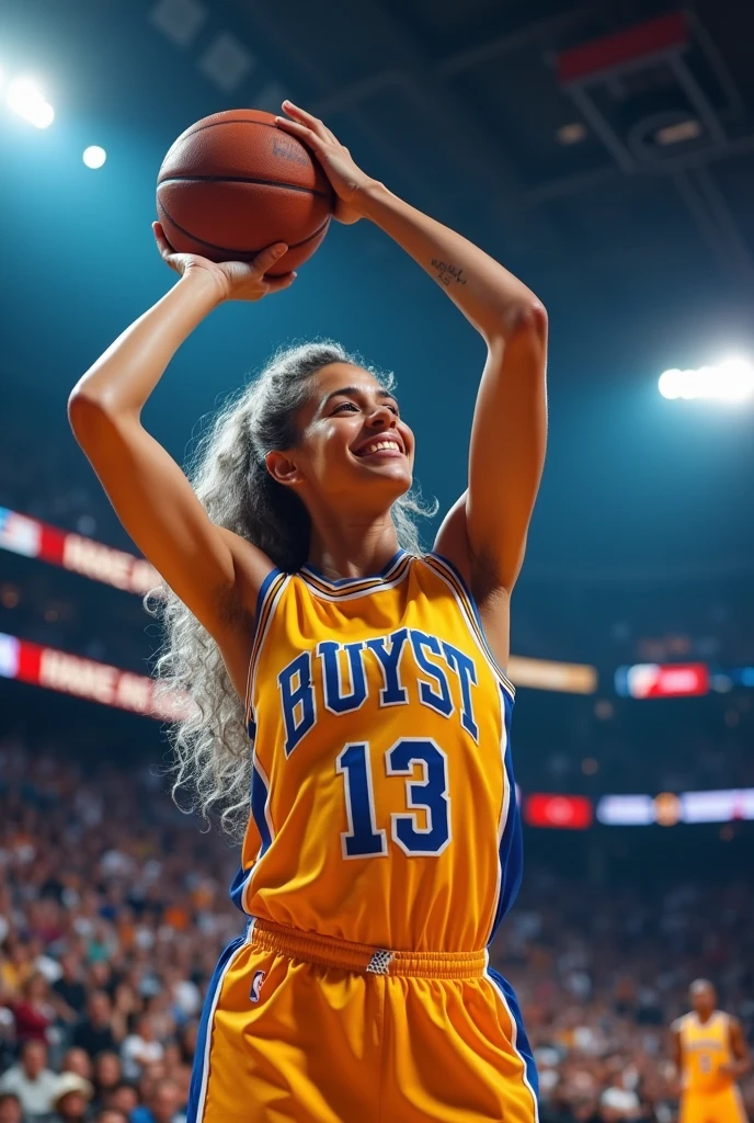 A beautiful youthful looking American version of Ariana Grande as a 50 years old woman with very long hair completely gray hair in a long big curls styles as a retired
NBA player wearing her old NBA jersey shooting the ball in the basket in a nba stadium she is smiling for the camera