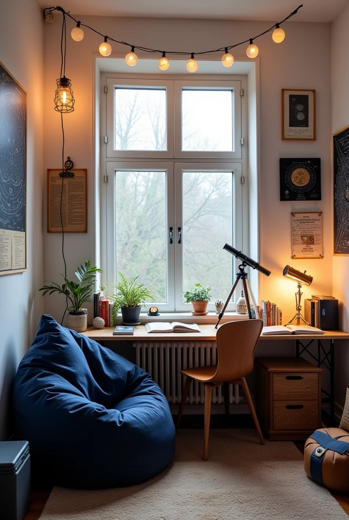 Aesthetic college student room with astronomy decor, with white wall
