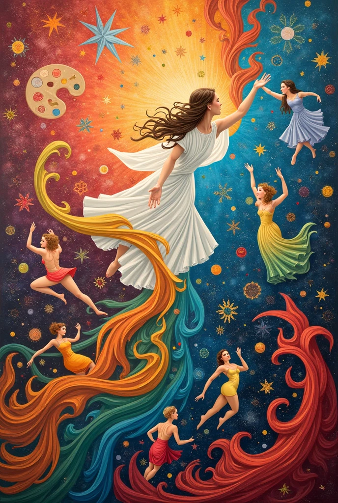 make me a drawing for a mural on a long wall, that talks about art in general, meaning fine arts (mainly) music, theater, dance, folklore
