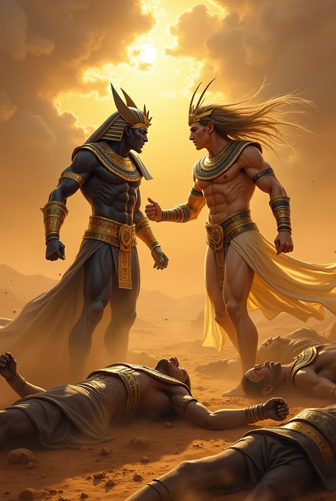 Dark Egyptian god and other Egyptian god fighting eachother on Sandy battlefield and dead bodies of the Egyptian army are lying scattered