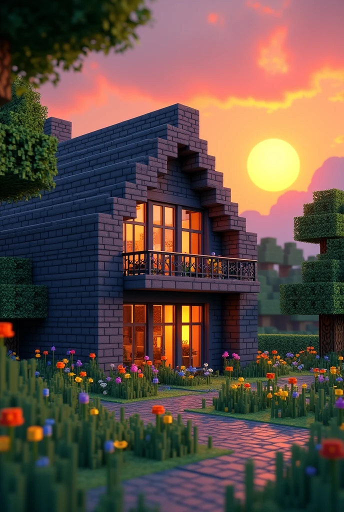 A Minecraft house with deep slate bricks 