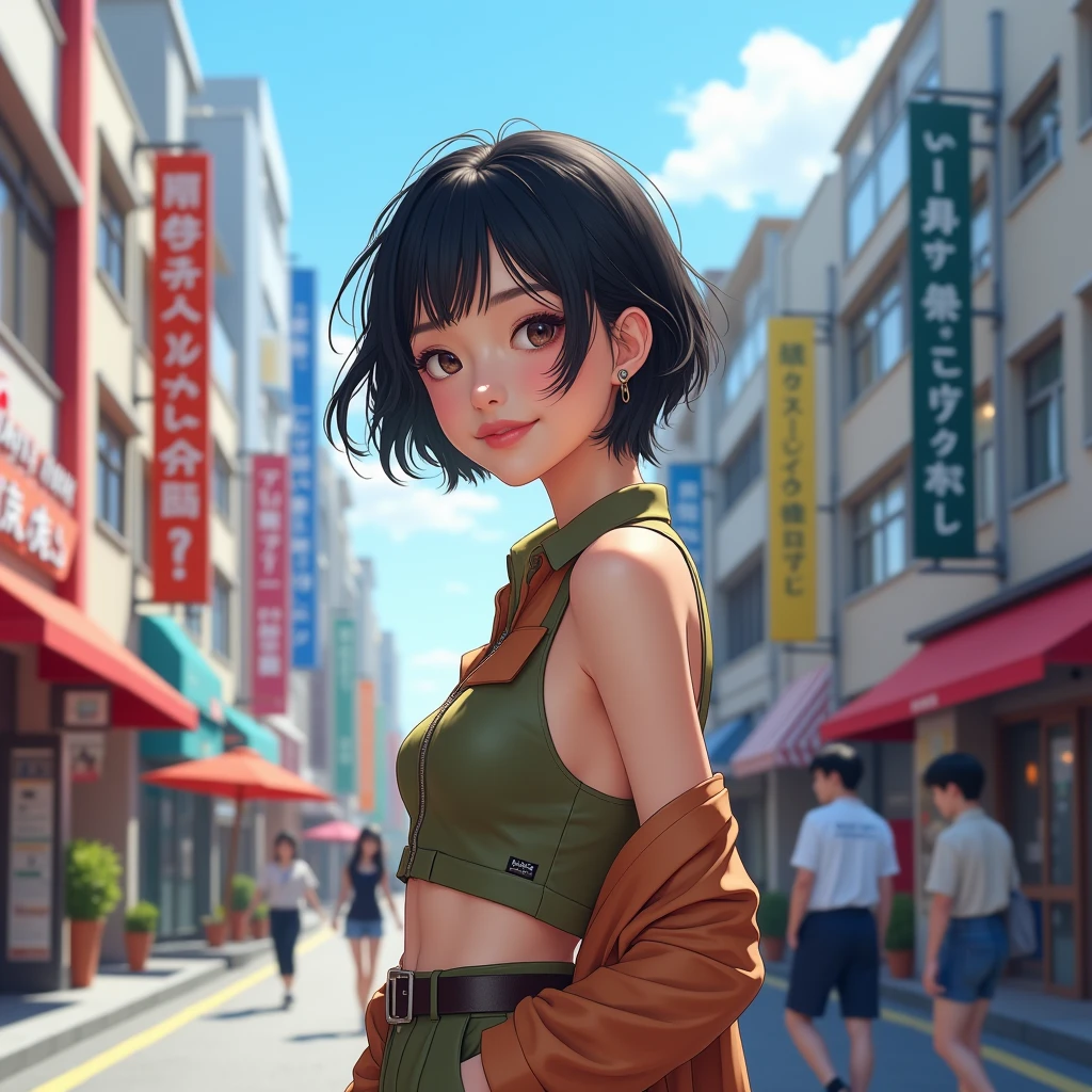 Japanese woman beautiful young smiling short black hair face looks like Z.A.R.D. big breasts big halos pale pink color hairy pussy realistic photo on the street day clear