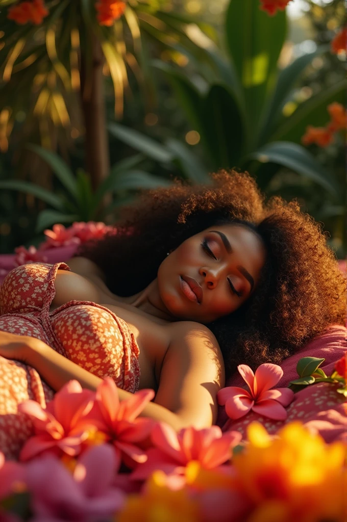 West indian women, voluptuous, gigantic breast, sleeping beauty, looking at viewer