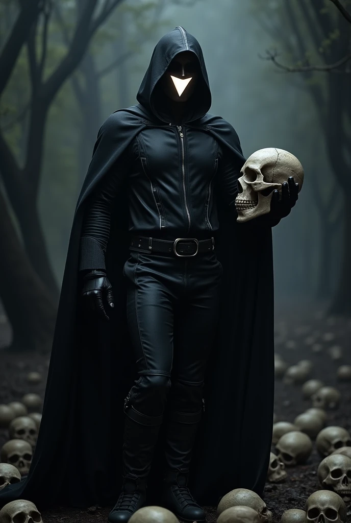 1man, white man, black half mask, glowing upside down triangle, black tech suit with silver accents, black cape, black boots, holding a skull, skulls background