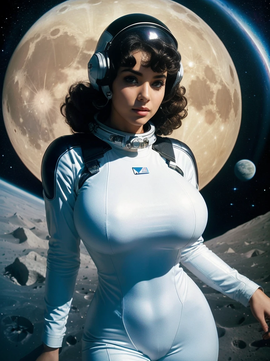 Gorgeous and sultry busty athletic (thin) brunette astronaut with sharp facial features wearing victory curls, white space suit, space helmet, spacesuit, bodysuit, ray gun, jetpack, spaceship, 1960's, space, lunar surface, moon, earth rise, Earthrise, space, stars