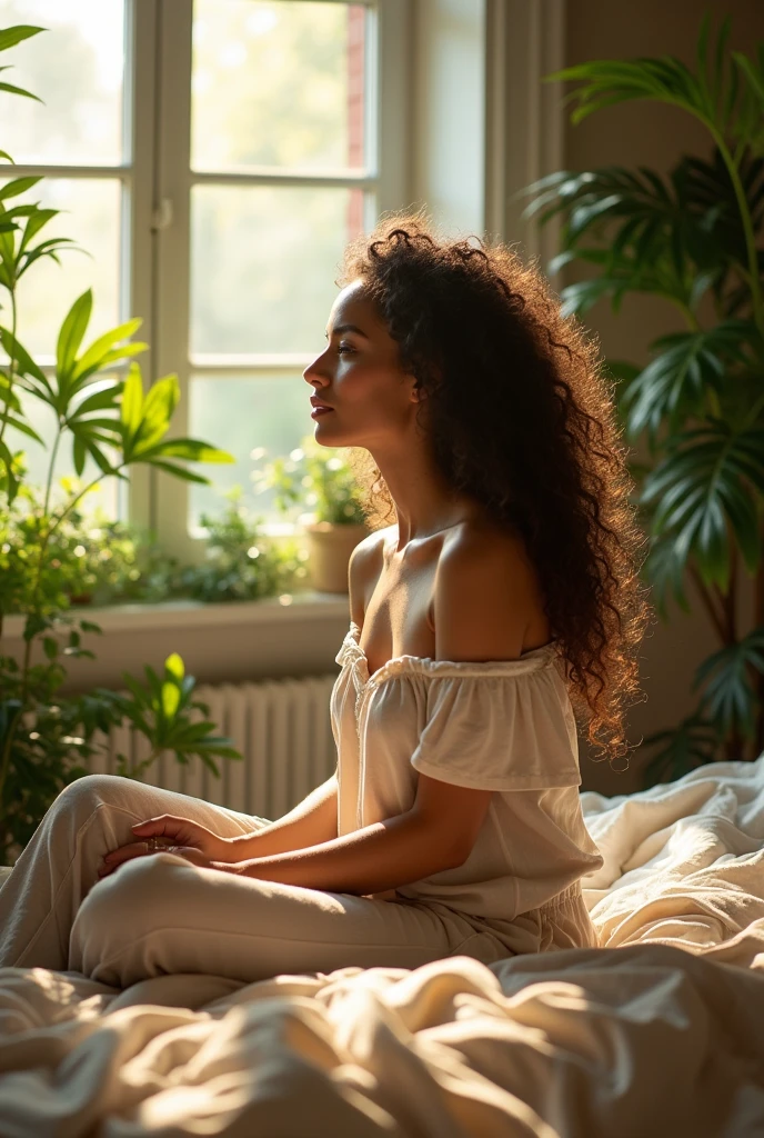 (photorealism:1.2), beautiful woman, sitting on bed, wearing loose off-shoulder top, pajama pants, long curly hair, indoors, soft lighting, plants in background, window with sunlight, cozy room, relaxed pose, realistic, intricate details, warm colors, by Greg Rutkowski, by Alphonse Mucha