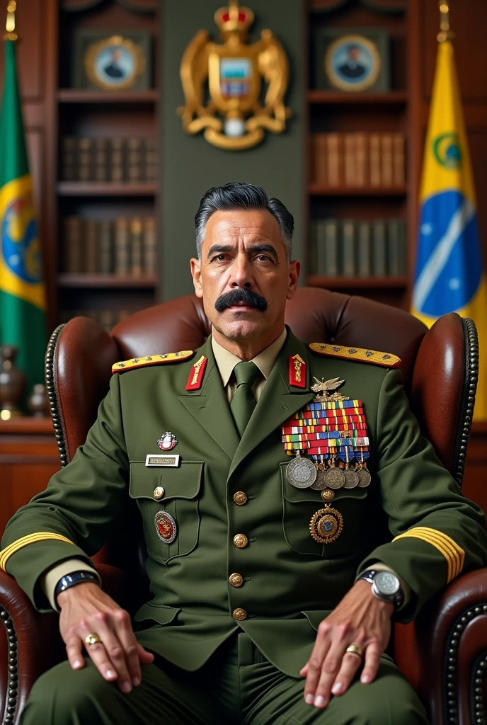 A realistic and detailed portrait of a Colonel of Roman descent in the Brazilian army, around 40 years old., He has a muscular and robust body., with black and gray military hair on the sides, and a thin scar on his face like a mark of bravery, he has a mustache. He is wearing a high-ranking olive green uniform of the Brazilian Army officer, adorned with medals and decorations. The background features an office of the Brazilian Army, with books and flags of Brazil and the Integralist flag, The wall also has a picture of 2 Brazilian dictators and a realistic coat of arms., which contributes to the atmosphere of authority and respect. The veteran is sitting in a comfortable armchair, exuding wisdom and strength, and looking like a respected and esteemed leader