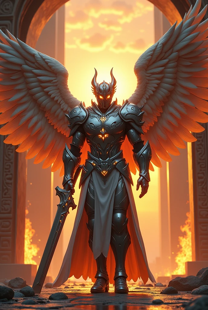 futuristic armored paladin with wings greatsword and flames around him with halo standing in front of temple, anatomically correct, retina, UHD, masterpiece, accurate, 8k 2560x1440p resolution