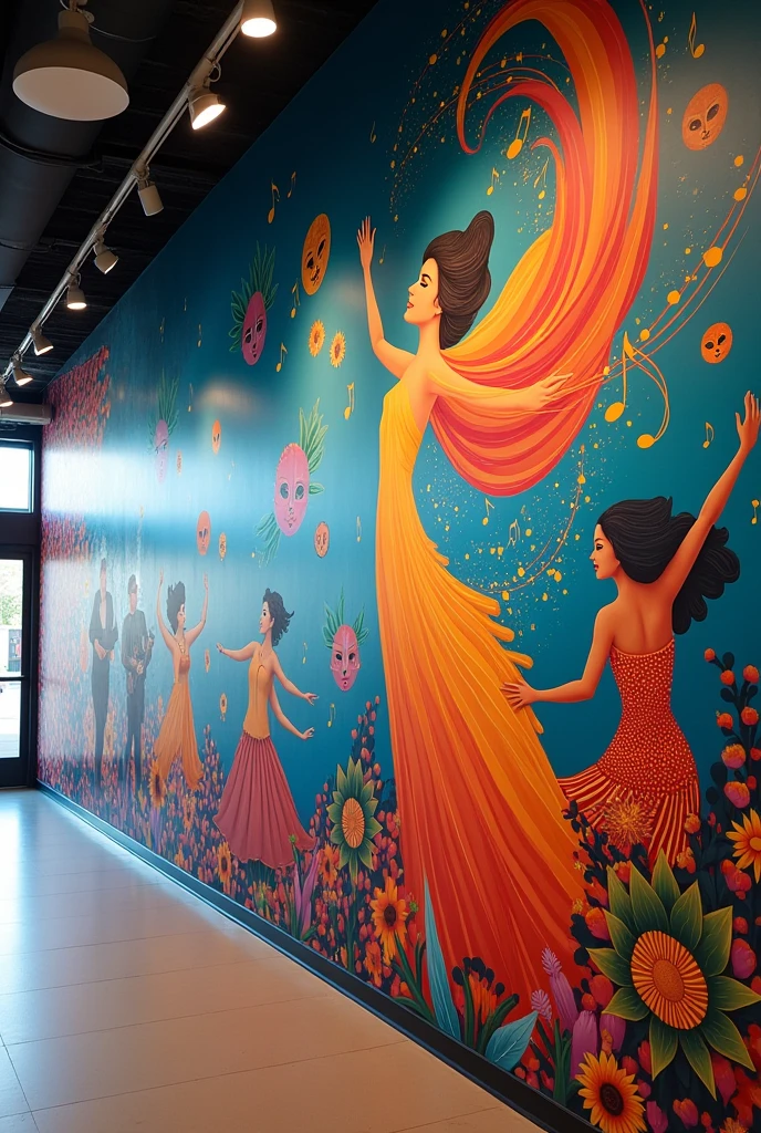 make me a drawing for a mural on a long wall, that talks about art in general, meaning fine arts (mainly) music, theater, dance, folklore 