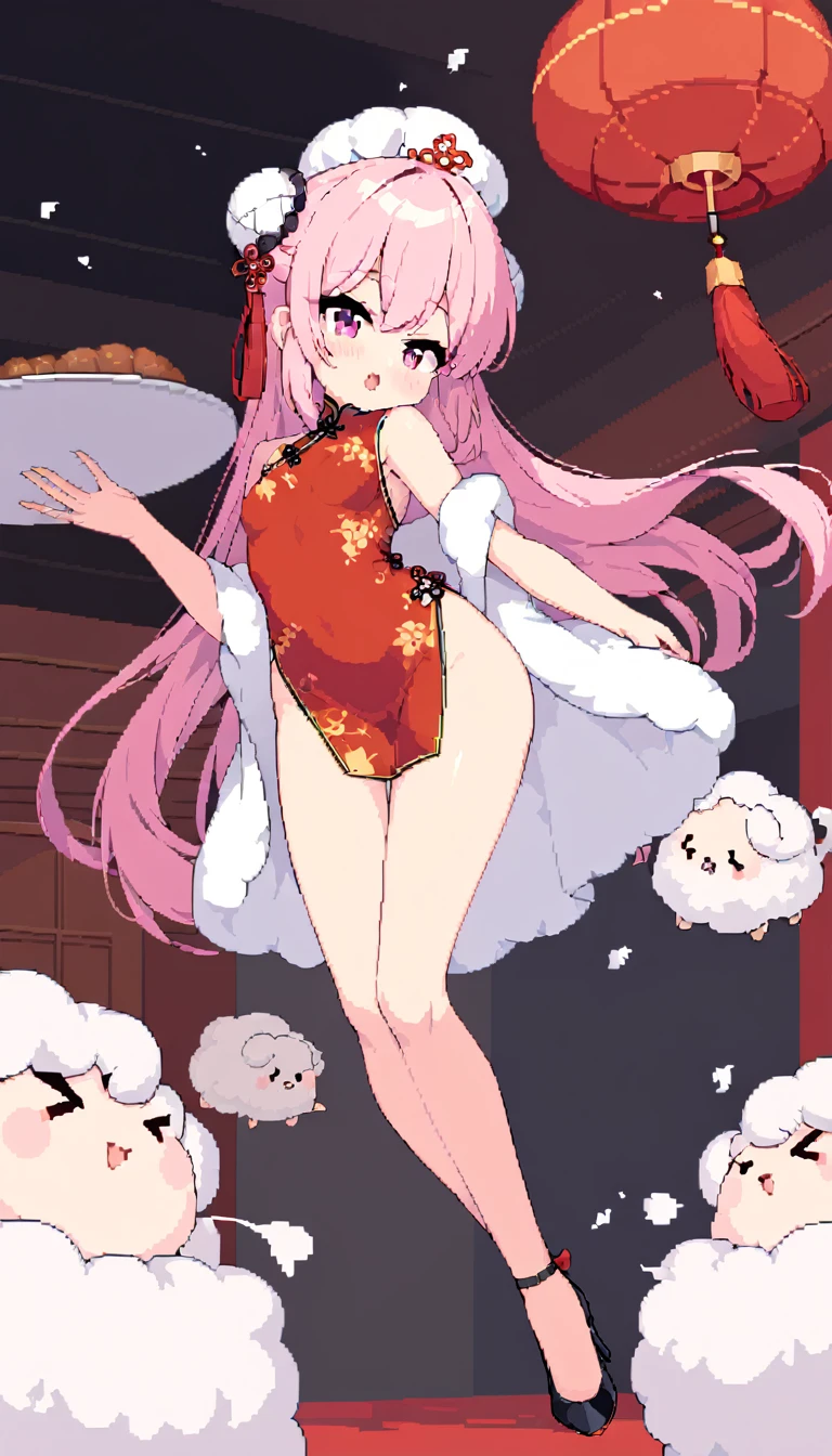 masterpiece, Highest quality, 8k, Pixel art, Pixel art, Vivid, ((1girl)), young woman, ((The plate is floating in the air, The plate falls out of my hand, The meat bun is floating in the air)), Panic, Sweating, cute, Turning at an angle, Open your mouth, Fluffy hair, Long Hair, Hair like sheep's hair, Pink Hair, eyebrow, 太いeyebrow, China dress, Chignon Cap, High heels, (Highest quality:1.0), (China Hotel), The sheep has its leg caught.