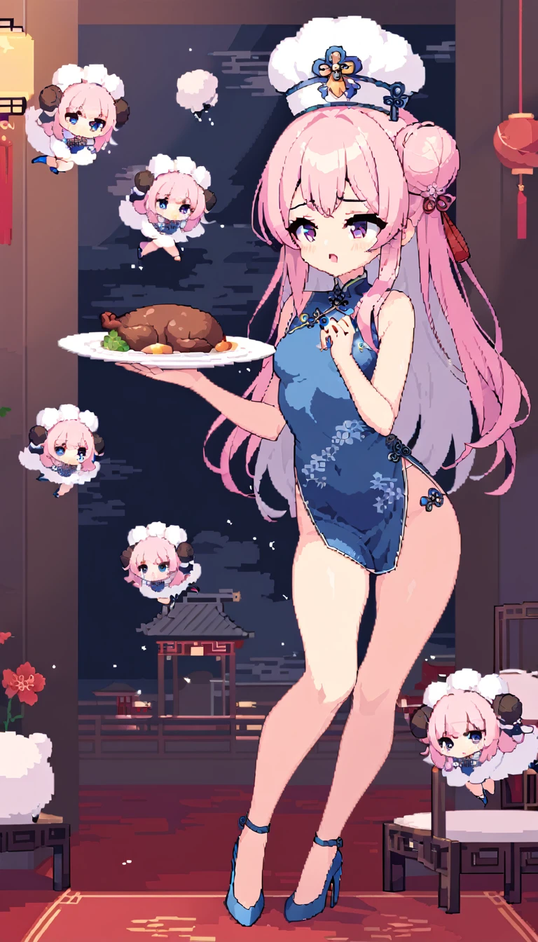 masterpiece, Highest quality, 8k, Pixel art, Pixel art, Vivid, ((1girl)), young woman, ((The plate is floating in the air, The plate falls out of my hand, The meat bun is floating in the air)), Panic, Sweating, cute, Turning at an angle, Open your mouth, Fluffy hair, Long Hair, Hair like sheep's hair, Pink Hair, eyebrow, 太いeyebrow, China dress, Chignon Cap, High heels, (Highest quality:1.0), (China Hotel), The sheep has its leg caught.