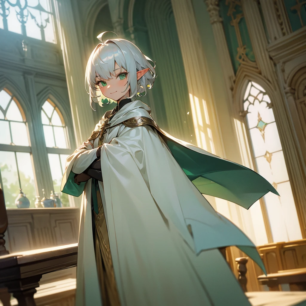 Elf, silver hair,short hair, medium cut, ahoge, curly hair,green eyes,slender, fair skin, robe,  cloak,White gloves, arms crossed, cross-legged, fantasy, inside, in the room, with a window, with a desk, with a table, with a bookshelf, slender, cool Smile, sitting