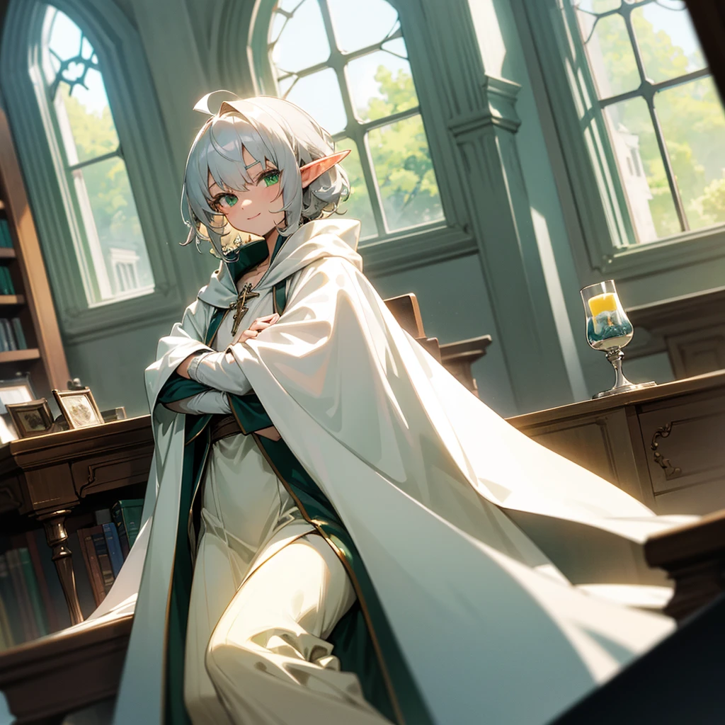 Elf, silver hair,short hair, medium cut, ahoge, curly hair,green eyes,slender, fair skin, robe,  cloak,White gloves, arms crossed, cross-legged, fantasy, inside, in the room, with a window, with a desk, with a table, with a bookshelf, slender, cool Smile, sitting