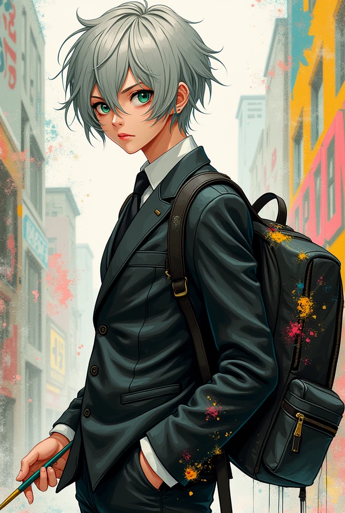 Short, gray hair Piercing green eyes 19 years old with a backpack on Damaged black suit Paint brush art being the black character light style less realistic