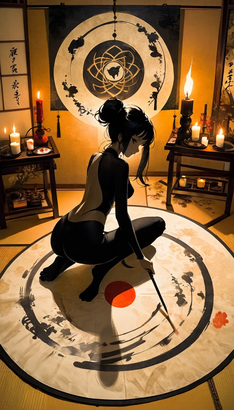 1 sexy girl, a strange black silhouette appears in the magic circle, a sexy girl uses a giant paintbrush to draw a magic circle with ink, writing calligraphy on a large piece of Japanese paper arranged on the ground, a cat walking and leaving marks of black paws on washi paper, dim light, candles placed in the room,sex sex sex, inside a Japanese style room, art inspired by Bill Sienkiewicz