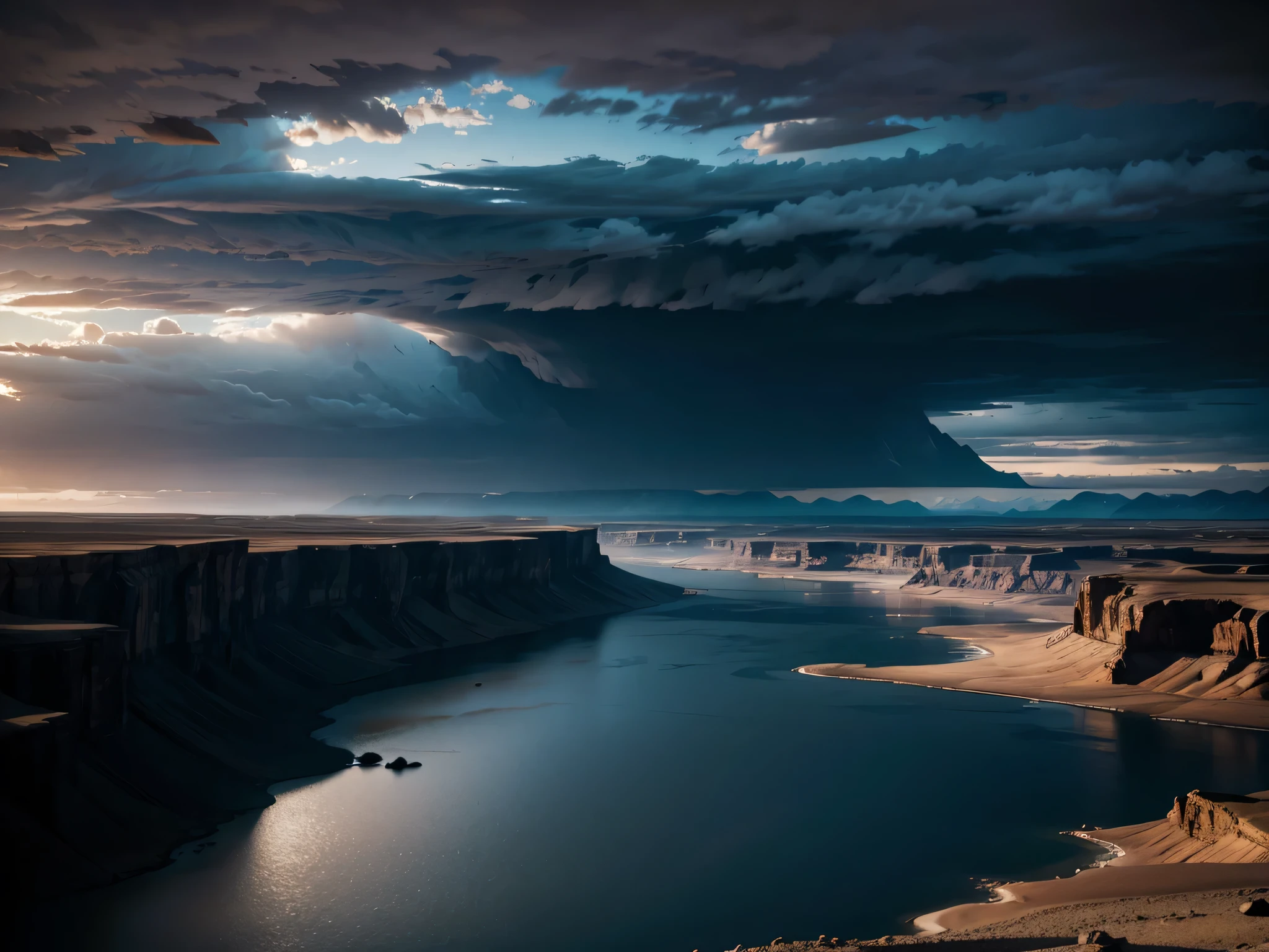 a beautiful detailed landscape, a vast desolate desert, rocky mountains in the background, dark and stormy clouds in the sky, a vast expanse of calm waters, no sunlight, atmosphere and dramatic lighting, photorrealistic, 8k, ultradetailed, extremely detaild, details Intricate, cinematographic, Dramatic, temperamental, Epic scale, inspirational, espiritual, biblical, Genesis 1:2