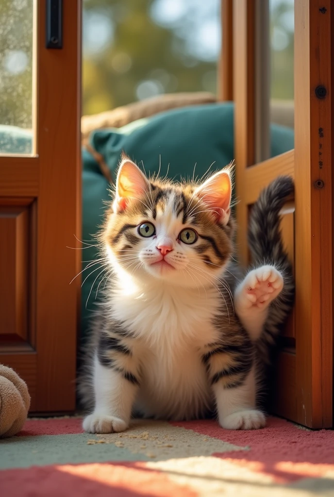 A humorous and heartwarming image of Muffin the full fat chubby kitten trying to fit through a small doorway or tight space, his round body making the effort both adorable and funny.