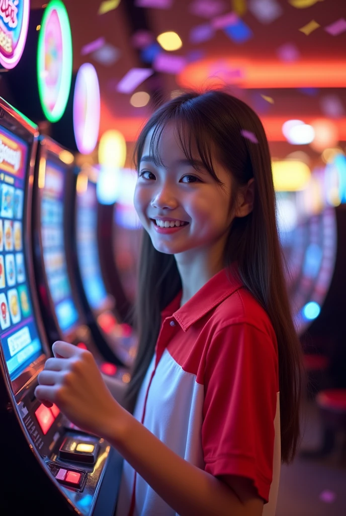 Asian Girl Cute Play Slot Gambling Should The Text  and Use Shirt Colour Merah dan Putih