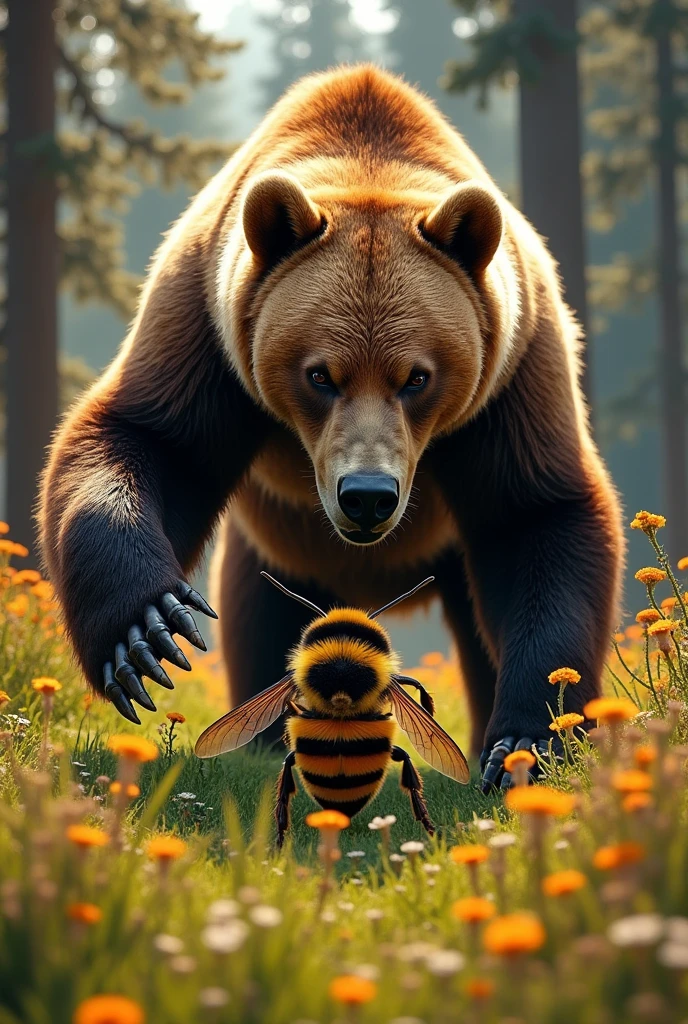 a grizzly bear stomping out a life size yellow jacket