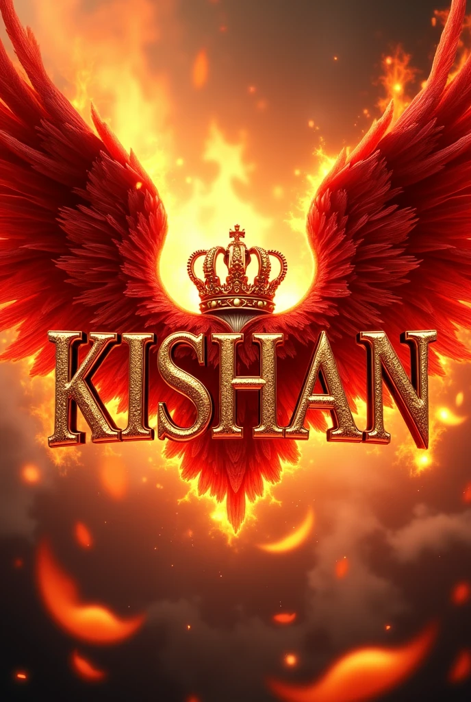 A 3D picture with the name [KISHAN] with an elegant a red crown and bright colors and an red angle wings with flame all around 
